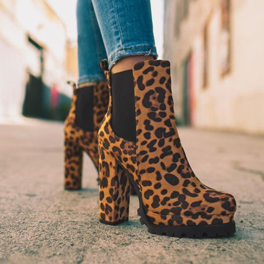 Round-toe Ankle Boots Solid Leopard Print Thick Square High Heel Shoes