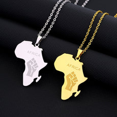 Men And Women Couple Titanium Steel Glossy Gold Africa Map Fist Shape Pendant Necklace