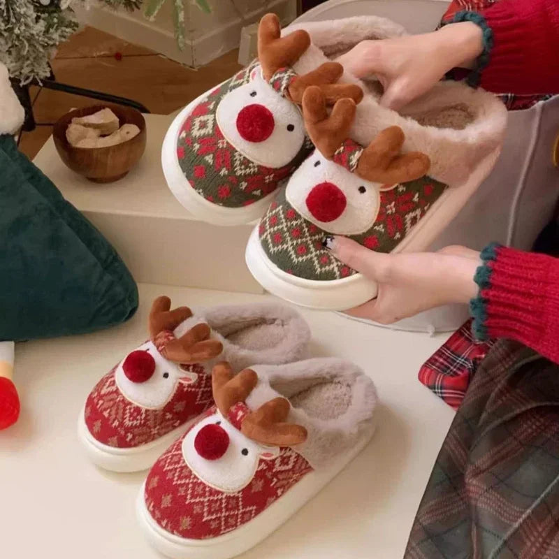 2024 New Christmas Cotton Slippers For Woman Cute Cartoon Deer Anti-slip Girls Indoor Home Floor Shoes Fashion Party Slides