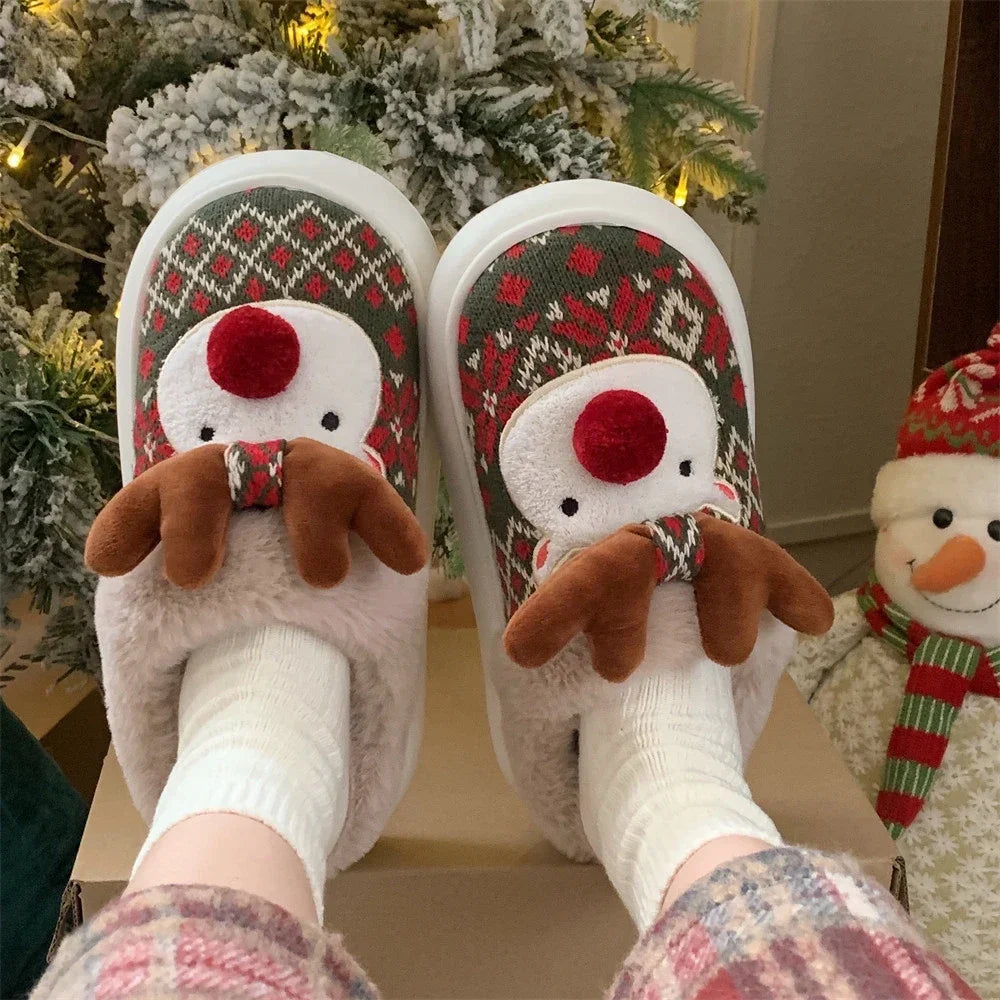 2024 New Christmas Cotton Slippers For Woman Cute Cartoon Deer Anti-slip Girls Indoor Home Floor Shoes Fashion Party Slides