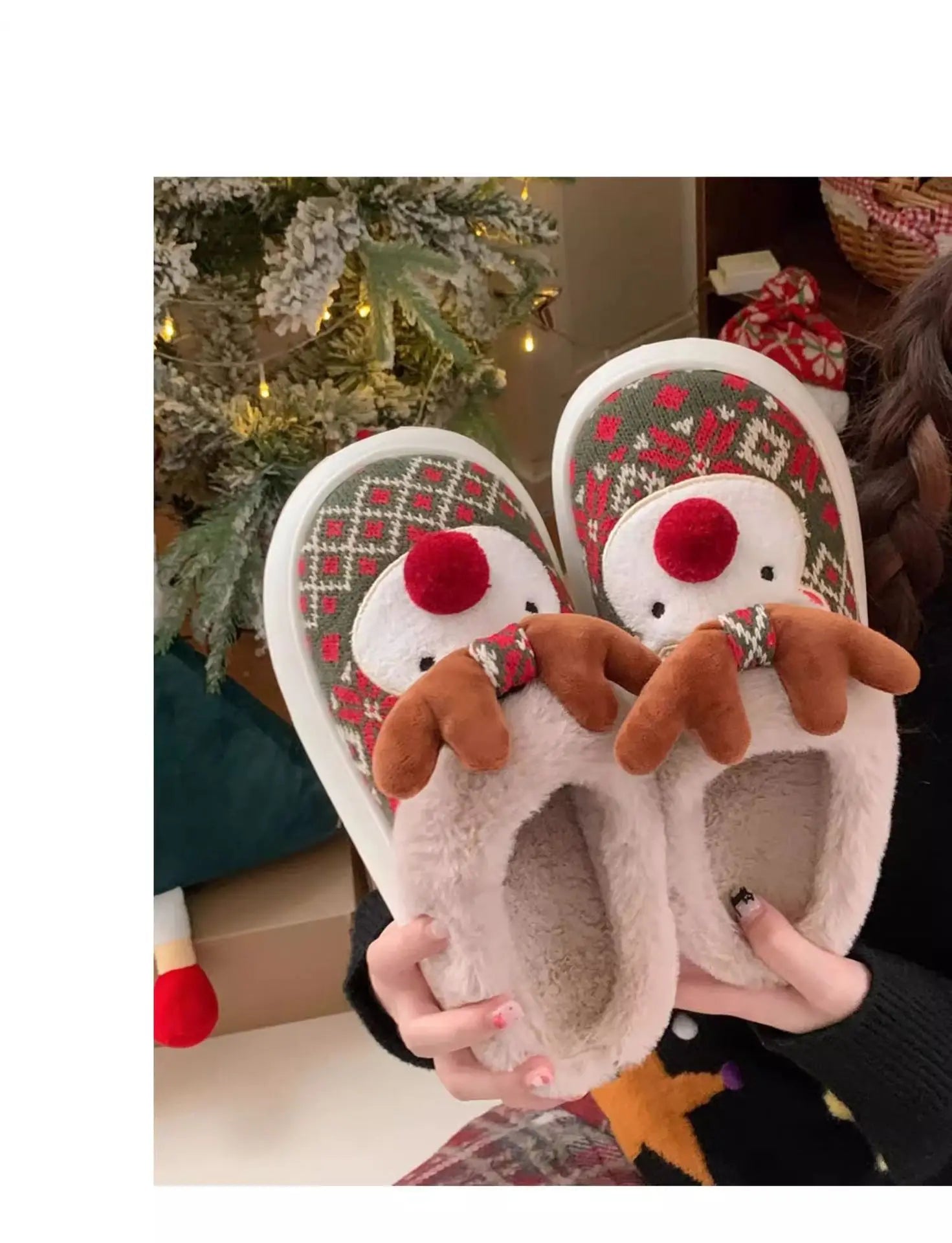 2024 New Christmas Cotton Slippers For Woman Cute Cartoon Deer Anti-slip Girls Indoor Home Floor Shoes Fashion Party Slides