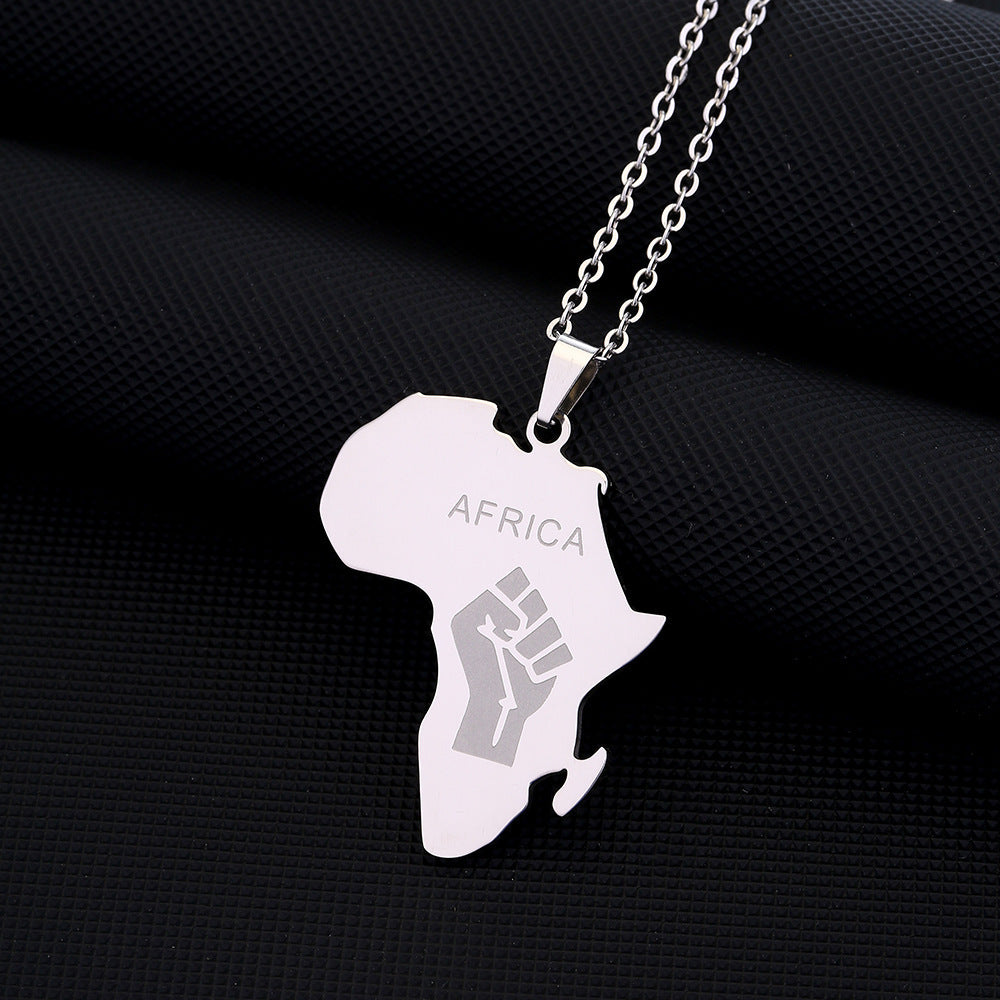 Men And Women Couple Titanium Steel Glossy Gold Africa Map Fist Shape Pendant Necklace