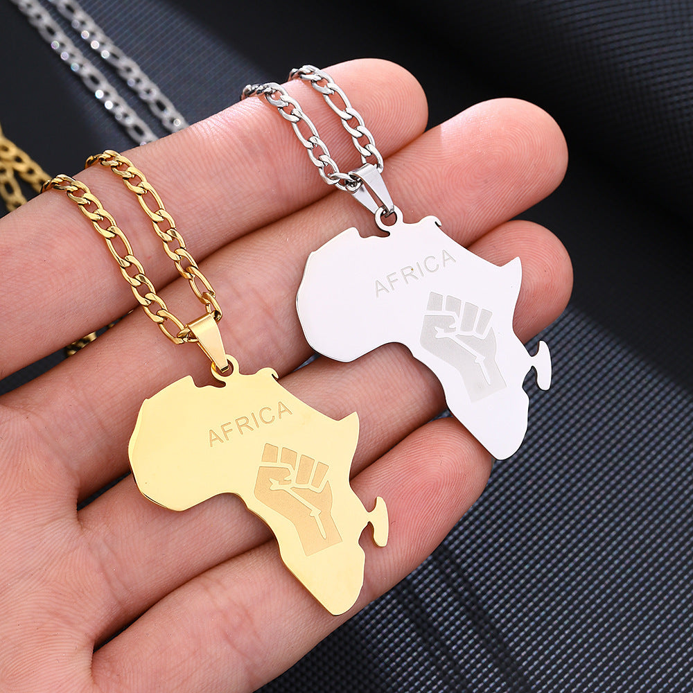 Men And Women Couple Titanium Steel Glossy Gold Africa Map Fist Shape Pendant Necklace