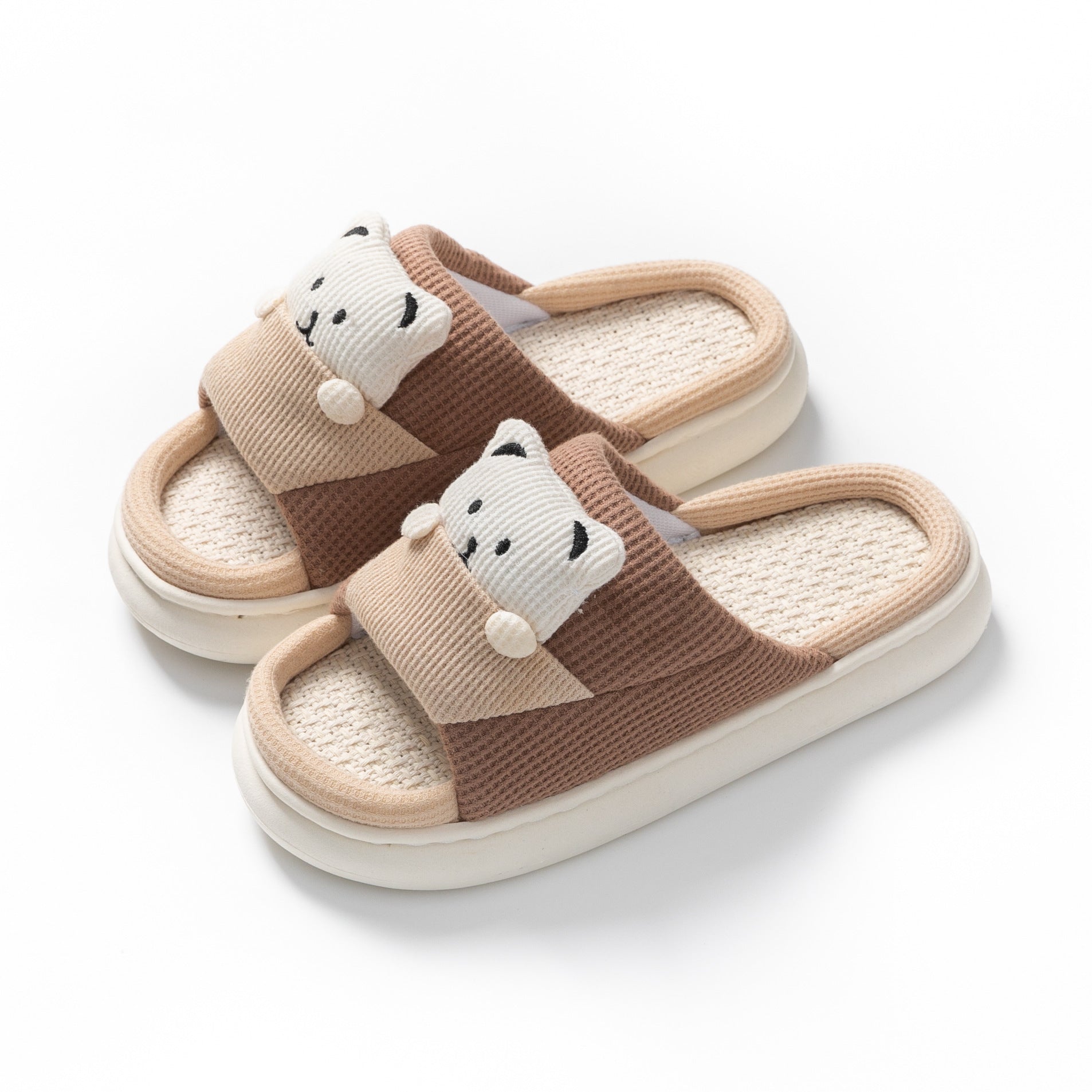 Cute Cartoon Bear Slippers Spring And Autumn Fashion Thick-soled  Mute Linen Slipper Women's House Shoes