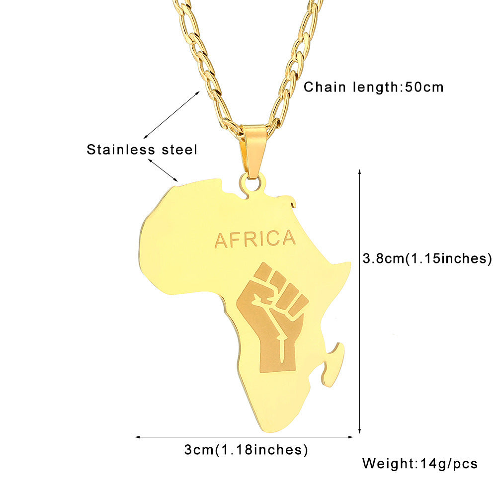 Men And Women Couple Titanium Steel Glossy Gold Africa Map Fist Shape Pendant Necklace